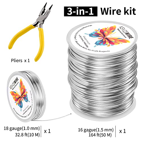 Aluminum Craft Wire 16 Gauge (1.5mm)–164Ft (50M)+18 Gauge (1.0mm) 32.8Ft (10M) + Pliers – Bendable Metal Wire for Sculpting, Armature, Jewelry Making, DIY Crafts (Silver) - size: 16Gauge, style: Silvery