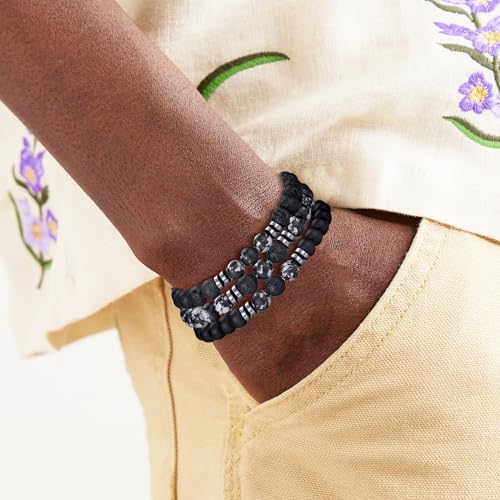 RANKEEF Tiger Eye Bracelet For Men 8MM Natural Stone Stretch Adjustable Black Crystal Beaded Bracelet for Men Women Gifts - color: 3,black,gray,lava rock bracelet