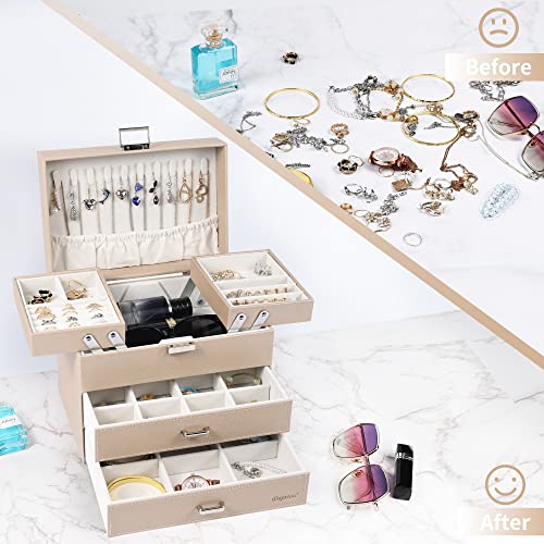 Dajasan Jewelry Organizer Box, Large Jewelry Boxes for Women Girls, Space-Saving 4 Layers Jewelry Storage Case with Drawer, Movable Metal Stand, Modern, Gift Idea (Champagne + Silver) - color: Champagne + Silver