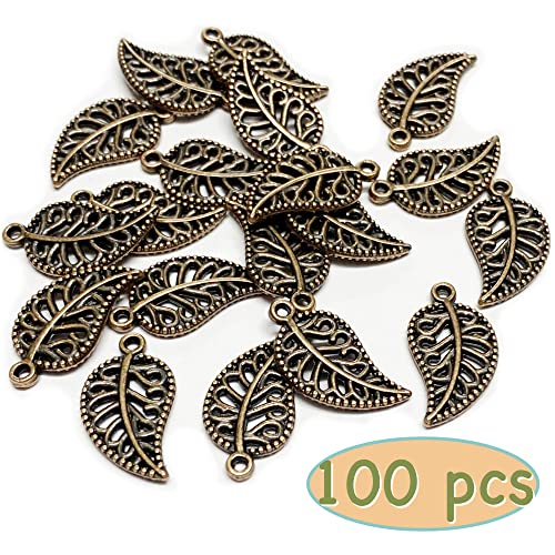 Heather's cf Four Leaf Clover Silver Leaf Beads 100-150 Pcs Leaves Craft Antique Leaf Charms for Crafting Leaf Pendant Charm for Necklace Bracelet Earring Making Fall Leaf Beads Set - color: Copper Filigree Leaf