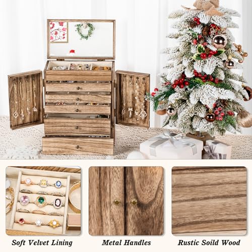 Emfogo Wooden Jewelry Box for Women, 6-Tier Large Jewelry Organizer Boxes with Mirror Rustic Solid Wood jewlery Storage Display for Rings Earrings Necklaces Bracelets watches(Carbonized Black)