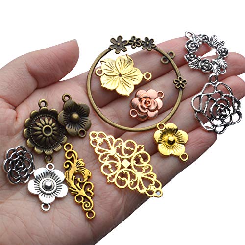 Jewelry Connectors Charms, 100 Gram Flower Tibetan Style Mixed Flower Shape Pendants Metal Beads Link Connector Charms for DIY Earring Necklace Jewelry Making