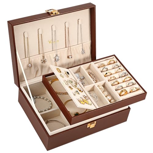 Voova Jewelry Box Organizer for Women Girls, 2 Layer Large Men Jewelry Storage Case, PU Leather Display Jewellery Holder with Removable Tray for Necklace Earrings Rings Bracelets, Caramel Brown - color: Caramel Brown