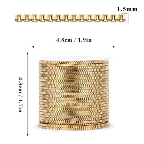 33FT 18K Gold PVD Plated Box Chains Roll, 1.5mm Gold Stainless Steel Box Chain Spool Bulk for DIY Jewelry Making Necklace Bracelet - color: gold, size: 1.5mm