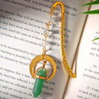 Vintage Metal Bookmark Pendant with Natural Crystal Stones Green Aventurine Bead Chain–Elegant Moon Bookmarks for Women,Men,Book Lovers,Teachers and Girls(Green Jade) - style: Green Jade