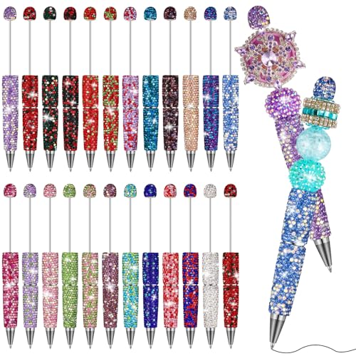 Tondiamo 24 Pcs Rhinestone Beadable Pens Bulk Diamond Glitter Bling Fancy Pen for Beaded Cute Assorted Ballpoint Kit for DIY Office Craft Making Supplies for Teachers Birthday Gift (Sparkling Color) - style: Sparkling Color