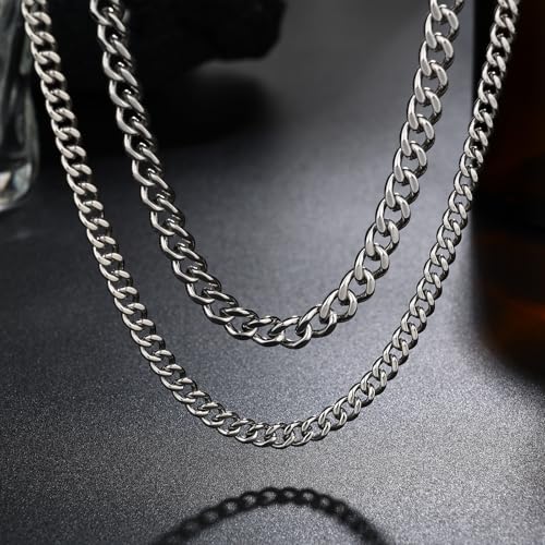 2PCS Cuban Link Chain Set for Men - Gold/Silver Plated Stainless Steel Layered Chain Necklace Non-Tarnish Jewelry Gift 16"/18", 18"/20", 20"/22", 22"/24" - color: Silver Chain, size: 22inch+24inch