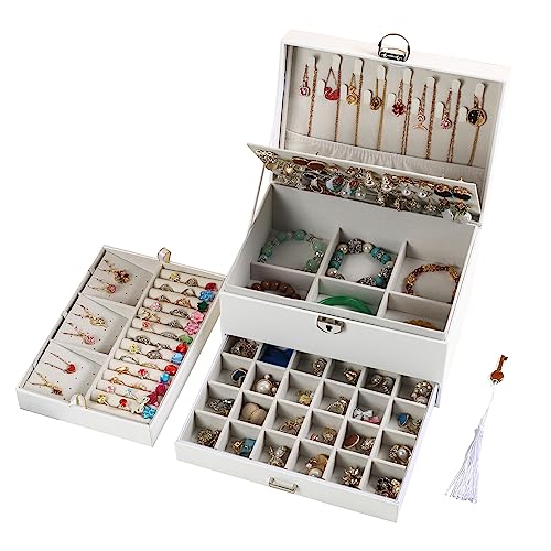 BOOVO Earring Jewelry Box For Women Girl Stud Organizer, 5 Layers Girl Jewelry Organizer Box With Lock Earring Holder Organizer Necklace Ring Jewelry Organizer Box For Girls (White, 5 layer) - color: White, size: 5 Layer