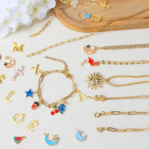 18k Gold Plated Stainless Steel Jewelry Chains Kit 39.3FT 6 Rolls Bulk (6.5FT/2M) with Letter Pendants, Colorful Charms, Pliers, Jump Rings, Lobster Clasps for DIY Necklace Bracelet Making - color: 18k Gold Plated-39.3Ft 6 Rolls