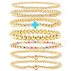 14K Gold Beaded Cross Beaded Bracelet Stack Set for Women,7PCS Bohemian Colorful Beads Ball Stretch Stackable Bracelets Trendy Holiday Birthday Gift - color: Blue