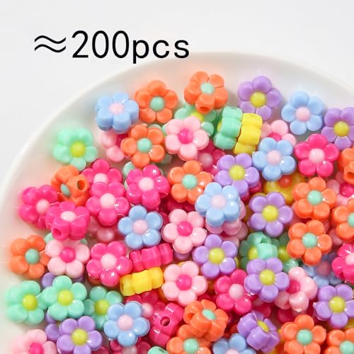 200pcs Colorful Flower Beads Rainbow Daisy Flower Beads Acrylic Beads for Jewelry Making Handmade DIY Bracelet, Charms Keychain Craft Supplies (Daisy) - color: rainbow flower