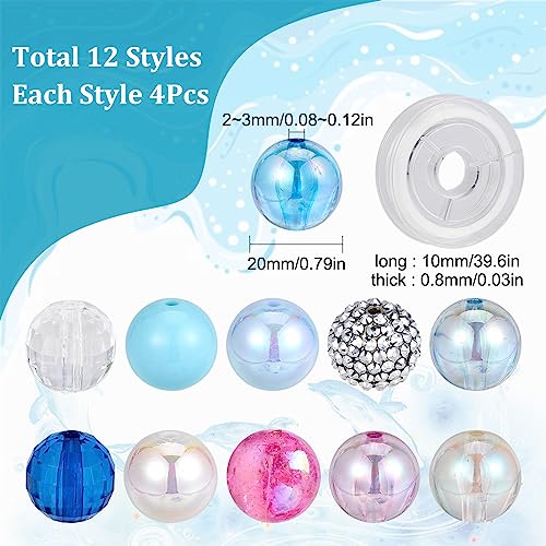 SUNNYCLUE 48Pcs Bubblegum Beads 20mm Blue Acrylic Faceted Bead Resin Rhinestone Beaded Rainbow Round Pearl Opaque Loose Spacers for Jewelry Making Beading Supplies Elastic Bracelet Kit - color: 48pcs 20mm Blue Tone
