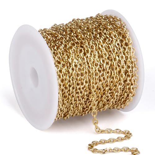 33 Feet Gold Rolo Cable Chain Bulk, 2.5mm 18K Gold PVD Plated 304 Stainless Steel Diamond-Cut Oval Rolo Cable Link Chains Roll Spool for Jewelry Making - color: Gold Color, size: 2.5mm width