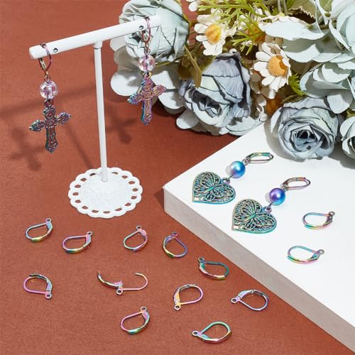 1 Box 40Pcs Leverback Earring Findings Stainless Steel Earring Hooks Bulk French Wire Rainbow Color Lever Back Small Huggie Earring Hooks for Jewelry Making Supplies DIY Craft Women Beginner