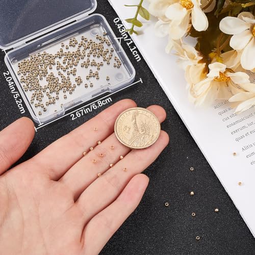 Beebeecraft 300Pcs 2mm 14K Gold Filled Brass Crimp Beads Positioning Spacer Beads Metal Rondelle Loose Beads with Storage Box for DIY Necklace Bracelets Anklets Making - size: 2mm