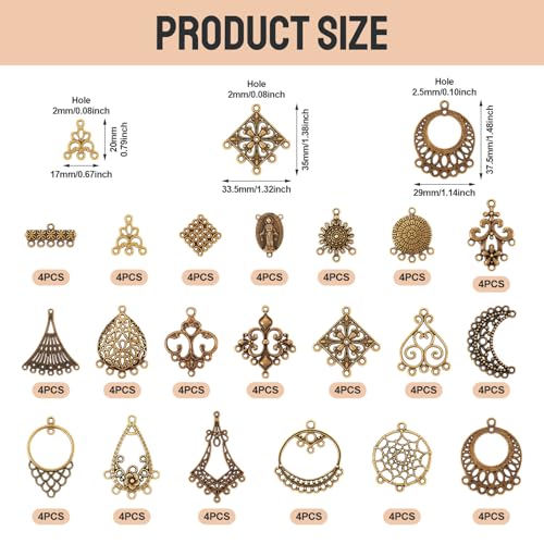 Pandahall 80pcs 20styles Tibetan Style Antique Bronze Alloy Chandelier Components Filigree Links Dangle Earrings Connector Charms Findings Mixed for Jewelry Making Necklace Pendants