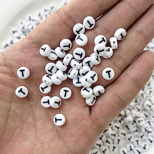 Amaney Letter Beads T 100pcs 7×4mm White Round Acrylic Black Alphabet for Jewelry Making - color: T