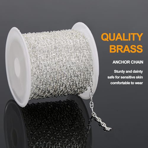 KYUNHOO 16.4 Feet Silver Plated Chains for Jewelry Making Thin Anchor Link on Spool Small Chain for Crafts DIY with Jump Rings Lobster Clasps - color: Bean Silver