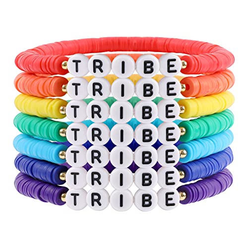 Rainbow Heishi Surfer Bracelets Set for Women Stackable Clay Beaded Bracelets Disc Stretch Preppy Bracelets Layering Colorful Friendship Bracelets Team Cheer Bulk Boho Summer Beach Jewelry Gift - style: TRIBE