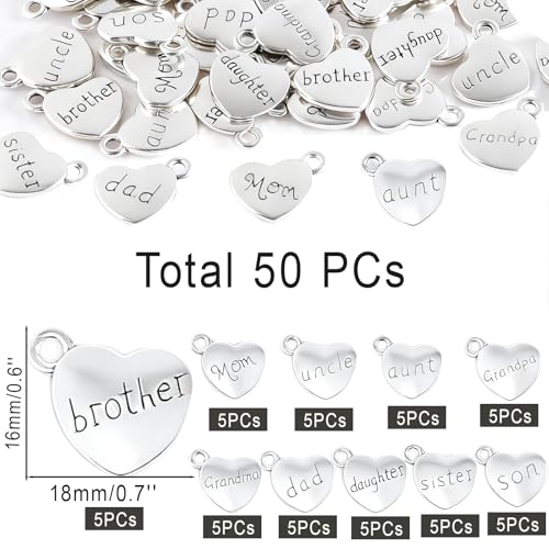 stino 100 Gram Metal Charms for Jewelry Making, Silver & Gold Plated, Bulk Pack for Bracelets, Necklaces, Crafts - color: Family Heart Silver (50Pcs)
