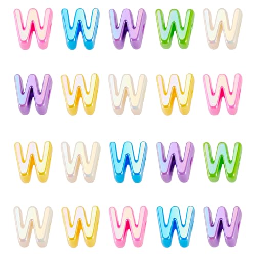 Beadthoven 20pcs Big Letter W Beads Large Hole Bubble Alphabet Acrylic Beads Charm Iridescent Plastic W Shape Loose Chunky Spacers for Jewelry Making Bracelet Necklace Keychains Shoelaces Crafts - color: W