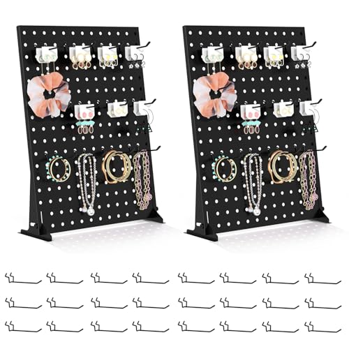 Urban Deco Portable & Adjustable Peg Board Display Stand | 17x13 Inch with 12 Hooks | Small Pegboard Quick-Setup, Metal Jewelry Organizer for Retail Stores, Craft Shows & Vendor Events (2-Pack, Black) - color: Black, style: 2 Set 24 Hooks