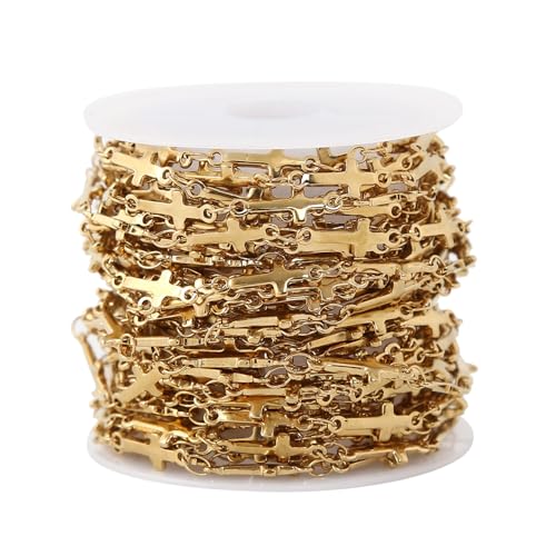 5 Meters Stainless Steel Cross Link Chains in Bulk for DIY Men Women Jewelry Making with Lobster Clasps, Jump Rings (Gold) - color: gold