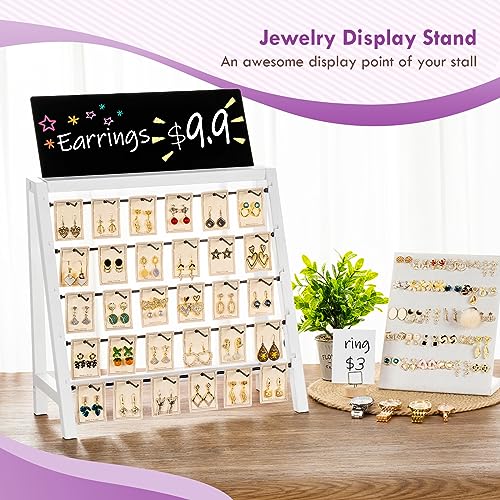 Poyilooo Jewelry Display Stand for Vendors, 30 Hooks Wood Earring Display with Advertising Board, Large Capacity Earring Display Stands Rack for Earring Cards - color: Weathered White