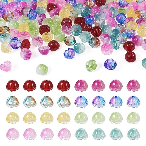 FASHEWELRY 128Pcs Glass Flower Beads Caps Crystal Flower Spacer Beads Colorful Transparent Bell Floral Loose Beads Bulk for Jewelry Making Necklace Bracelet - color: Bell Flower Beads Caps