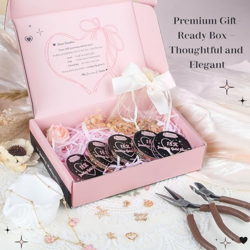 Ecoofor 18K Gold Jewelry Making Kit with Gift Box - 16.6ft 5 Rolls DIY Bracelet & Necklace Chains with 136 Pendants, Jump Rings, Lobster Clasps, Jewelry Pliers & Charm Making Kit, Christmas Gift - color: Jewelry Making Kit with Gift Box
