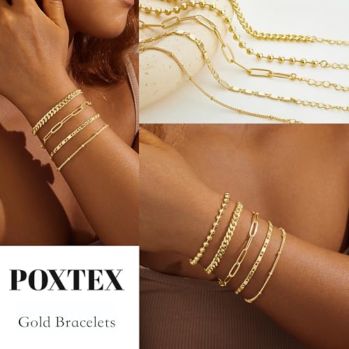 Gold Bracelets Set for Women Stack, Chunky Thick Bracelets Stack for Women Trendy, Simple Dainty Thin Gold Plated Cuff Stackable Bracelets With Beaded Cuban Paperclip Snake Rope Bangle Hand Chain Jewelry - style: Style 03-gold