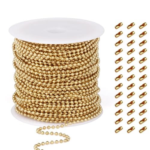 50FT 18K Gold PVD Plated Ball Bead Chains Roll, 2mm Gold Stainless Steel Ball Beaded Chains Spool with 30 PCS Connectors Bulk for Jewelry Making - color: gold pvd, size: 2.0mm