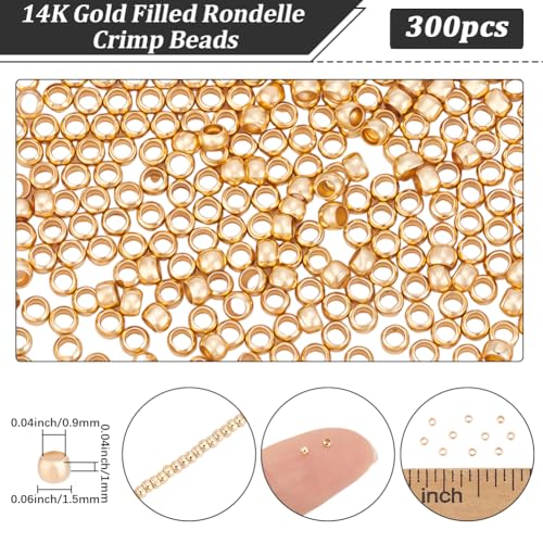 Beebeecraft 300Pcs Round Crimp Beads 14K Gold Filled Brass Tiny 1.5x1mm Non-Tarnish Rondelle Positioning Stopper Crimp Spacer Beads for Jewelry Making Bracelet Necklace Supplies - size: 1.5mm