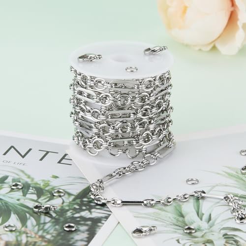 UMAOKANG Stainless Steel Paperclip Chain for Jewelry Making Paper Clip Link Chain on Spool with Lobster Clasps and Jump Rings - color: Paperclip (Steel)