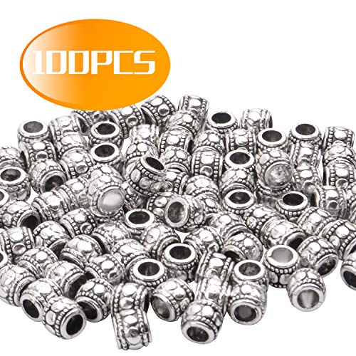 BronaGrand 100pcs Tibetan Silver Spacer Beads Large Hole Beads Charms Hollow Tube Bead for DIY Necklace Bracelets - color: Silver