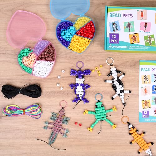 Eenua Pony Beads Keychain Kit for Kids DIY Bead Pets Craft Set with 12 Animal Keychains 2 Heart Shaped Boxes Creative Art Craft for Beginners