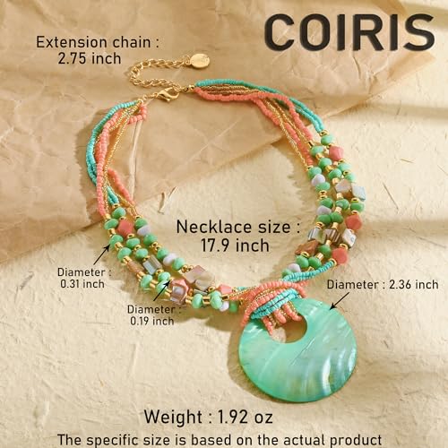 Coiris Shell Pendant Statement Strand Necklace for Women Boho Multi Beads Natural Stone Colorful Necklace Bohemian Handmade Chunky Shell Beaded Collar Jewelry for Women - color: Teal