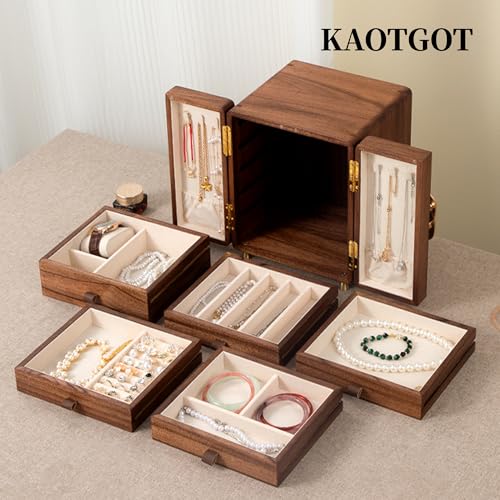 Wooden Jewelry Box for Women Jewelry Box With Drawers Walnut Wood (Walnut Wood with printing A) - color: Walnut Wood with printing A