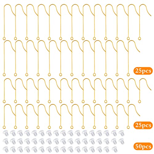 50pcs 2 Sizes Hypoallergenic Long Earwire Hooks Stainless Steel Earring Hooks with Vertical Hanging Loop and 50pcs Earring Safety Backs for DIY Jewelry Making Findings - color: Golden