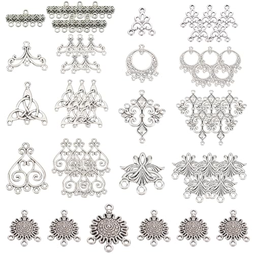 SUNNYCLUE 1 Box 54Pcs 9 Style Chandelier Connector Charms Component Links Alloy Hollow Filigree Pendants Flat Round Teardrop Triangle Shape for Jewelry Making Earring Supplies,Antique Silver - color: 54pcs 9 Style Silver Color