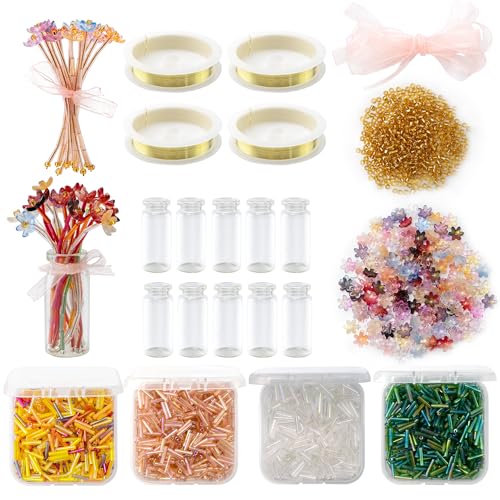 2265pcs Beaded Bouquet Plant Making Kit,DIY Forever Flower with 10 Tiny Vases,Rainy Day Fun Beading Project Supplies for Beginners,Mother's Father's Teacher's Day Craft Gift Decor Greeting Cards