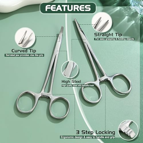 GEMQUEEN Piercing Curved and Straight Forceps for Changing Jewelry - 316L Surgical Stainless Steel Pliers Tool Set Locking Tweezers Clamps for Removal Earrings Lip Nose Rings 2 PCS - color: Silver
