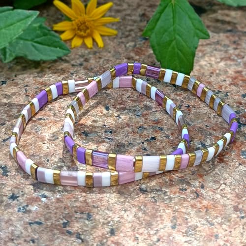 Tila Flat Beaded Bracelet for Women,Bohemian Colorful Stretch Square Glass Bead Elastic Layred Bracelet Stack, Handmade Boho Trendy Holiday Jewelry Accessories Friendship Gift - color: Purple