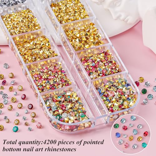 4200 Pcs Nail Art Rhinestones Kit,2-3mm Shiny Gold/Silver/Mixed Colors Rhinestones,3D Pointed Bottom Nail Gems with Tweezers and Dual-end Brush for Manicure DIY Crafts Face Makeup(26-K1-pointed-GS) - color: 26-K1-pointed-GS