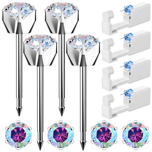 Nunpag 12 Pcs Ear Piercing Kit Disposable Ear Piercing Gun Kit with 4 Pcs 6 Prong Setting Cubic Zirconia Earrings Stud 316L Stainless Steel Easy to Use at Home Self Ear Piercer Gun Kit Tool, Silver - color: Silver-Rainbow