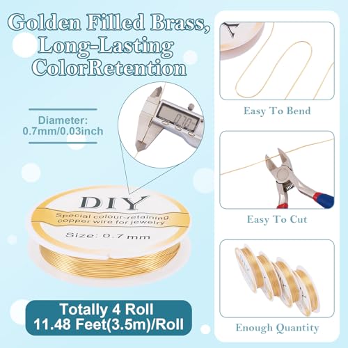 4 Rolls 21 Gauge 14K Gold Plated Copper Wires, 0.7mm Metal Jewelry Beading Copper Craft Wire, Golden Tarnish Resistant Copper Beading String Wire for DIY Crafts Jewelry Making Supplies - color: Golden, size: 0.7 mm / 21 Gauge