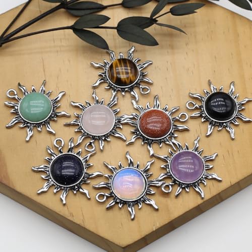 LHJ 10 Pcs Healing Crystal Pendants Sun Shining Shape Natural Gemstone Vintage Charms for Jewelry Making Necklace Gift