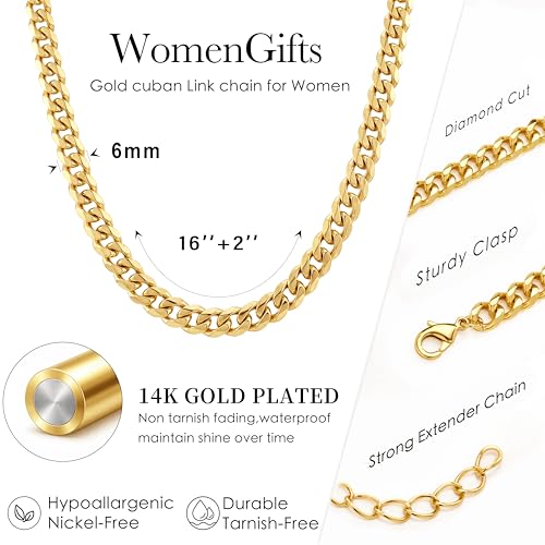 WomenGifts Cuban Link Chain Necklace for Women, Waterproof 14k Gold Silver Plated Chain Choker, Non Tarnish Stainless Steel Jewelry, 3.5/5/6/8/11mm,14/16/18 Inch Thin&Chunky&Thick - color: Gold, style: 6MM-14"
