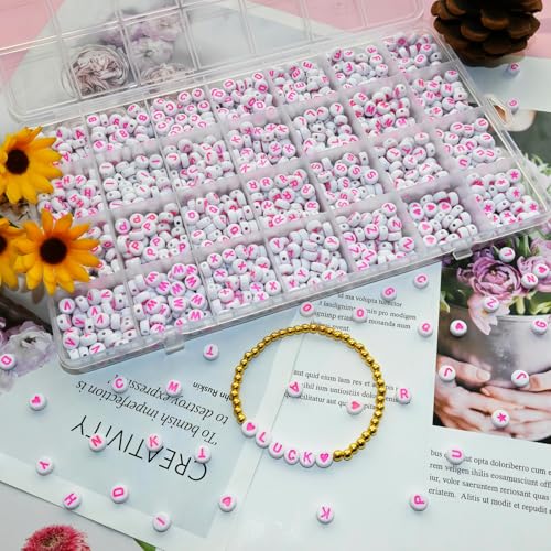 Looconi 1400pcs Pink Letter Beads 4x7mm White Round Acrylic Alphabet A-Z Heart Star Beads for Jewelry Making Bracelets Necklaces Key Chain - color: Pink
