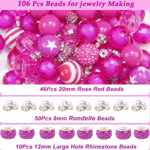106 Pcs 20mm Beads for Pens Making with Rondelle Spacer Beads Rose Red Acrylic Focal Bubblegum Bead Crystal Round Sparkly Chunky Bead for Pens Beadable Keychain DIY Craft Jewelry Making Supplies - color: Rose Red